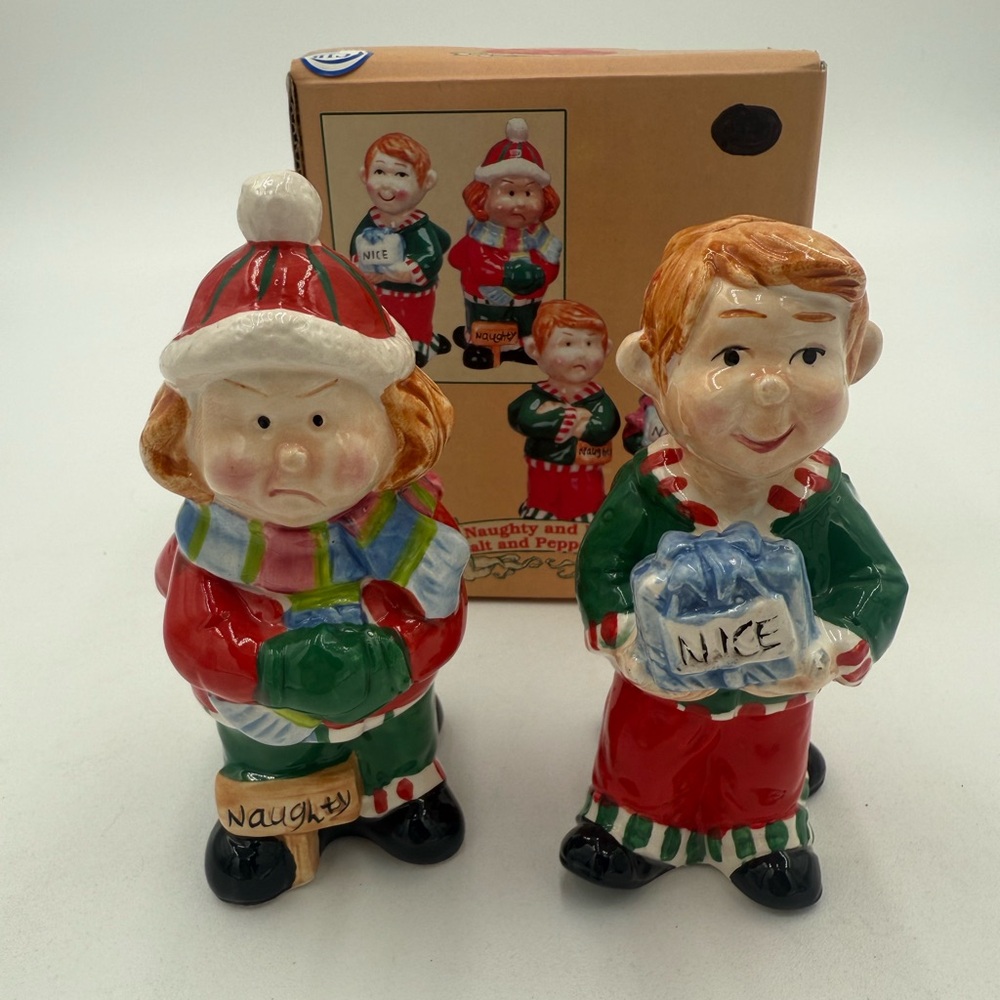 Vintage Christmas Traditions 2-Sided Naughty or Nice Salt & Pepper Shakers NOB
